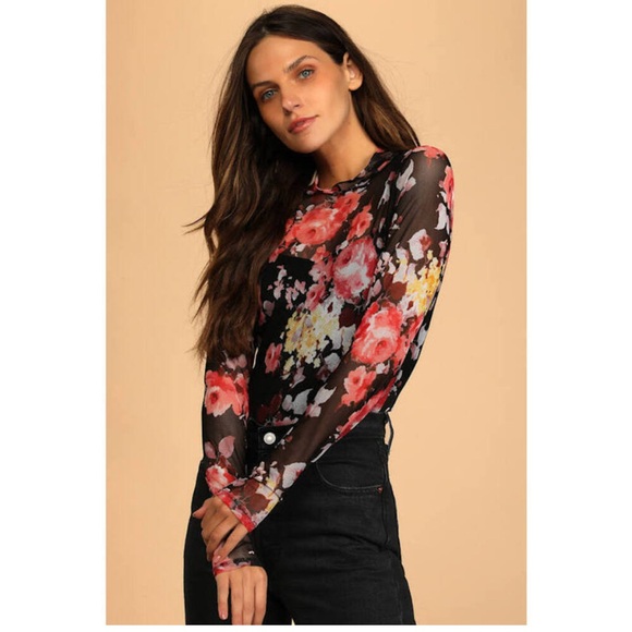 Lulus Tops - Lulus Totally A Vibe Black Floral Print Mesh Long Sleeve Bodysuit - Size M